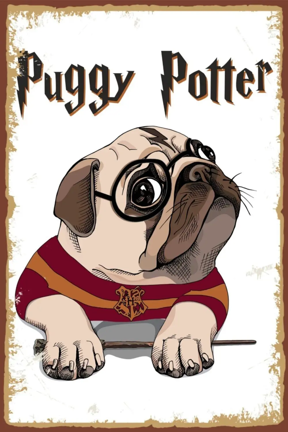 Pug Potter Retro Ahşap Poster