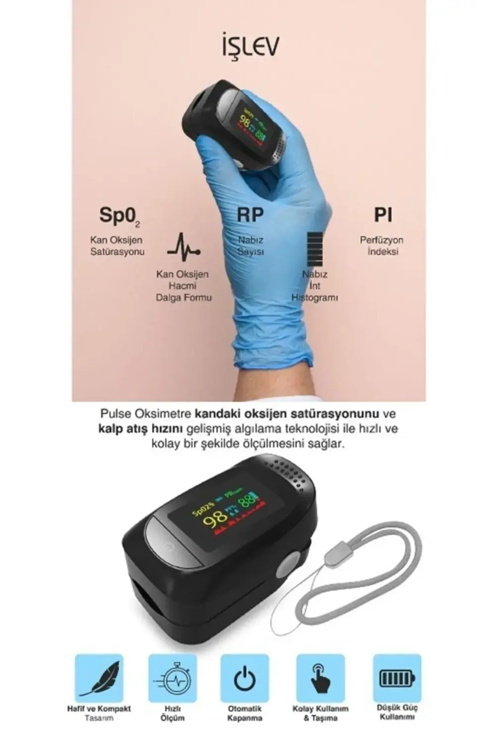 Pulse Oksimetre Parmak Tipi Oksijen Nabız Ölçer