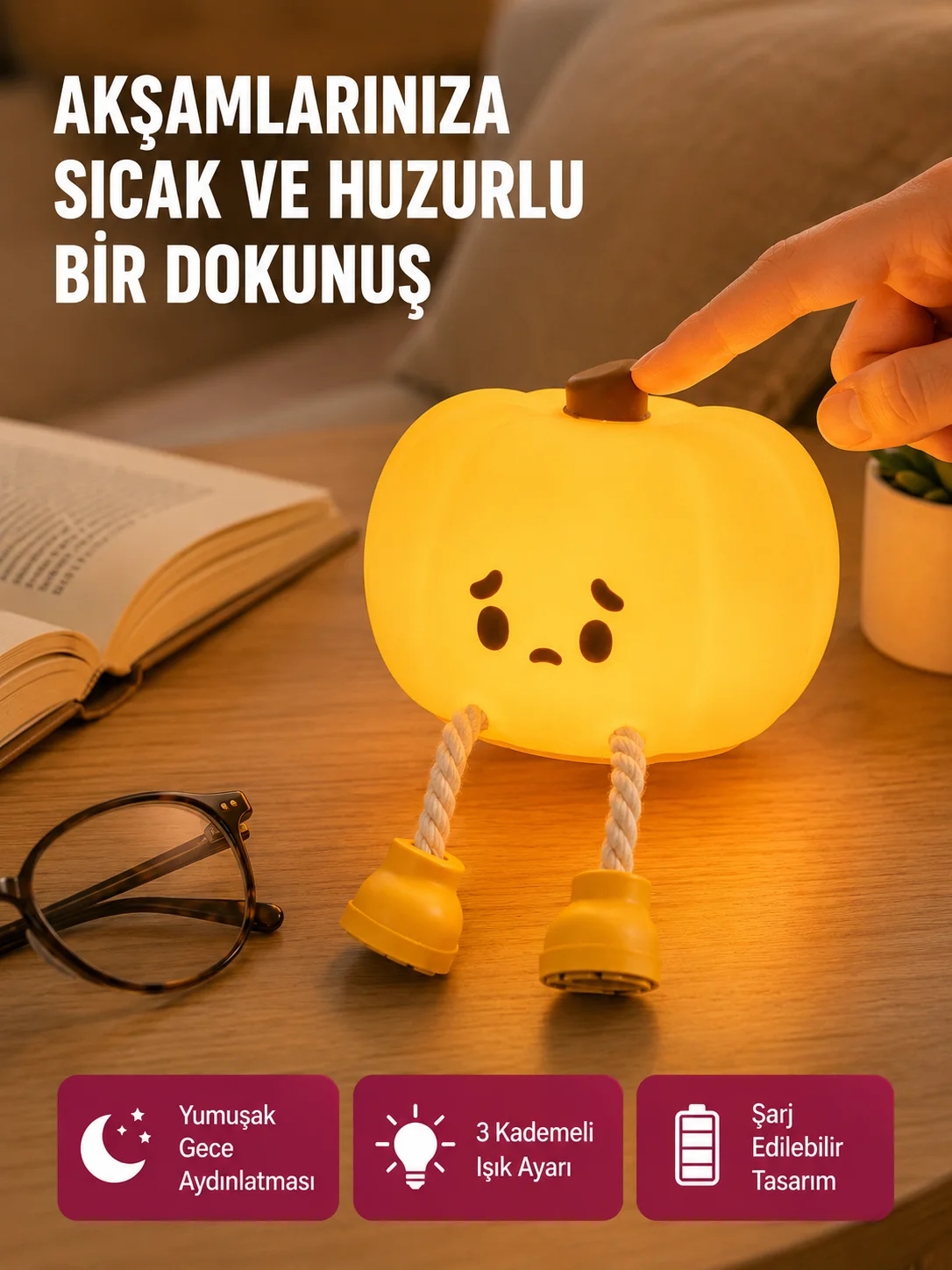 Pumpkin LED Gece Lambası Üç Kademeli Işık Ayarlı Yeni Nesil