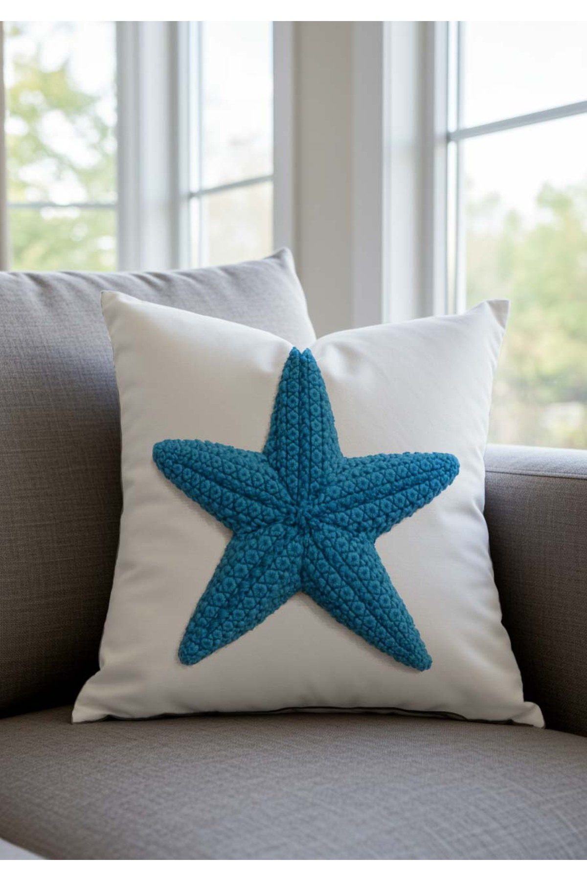 Sakallı Punch Nakış Desen Dijital Baskılı Marin Mavi Deniz Yıldızı 2Li Kı