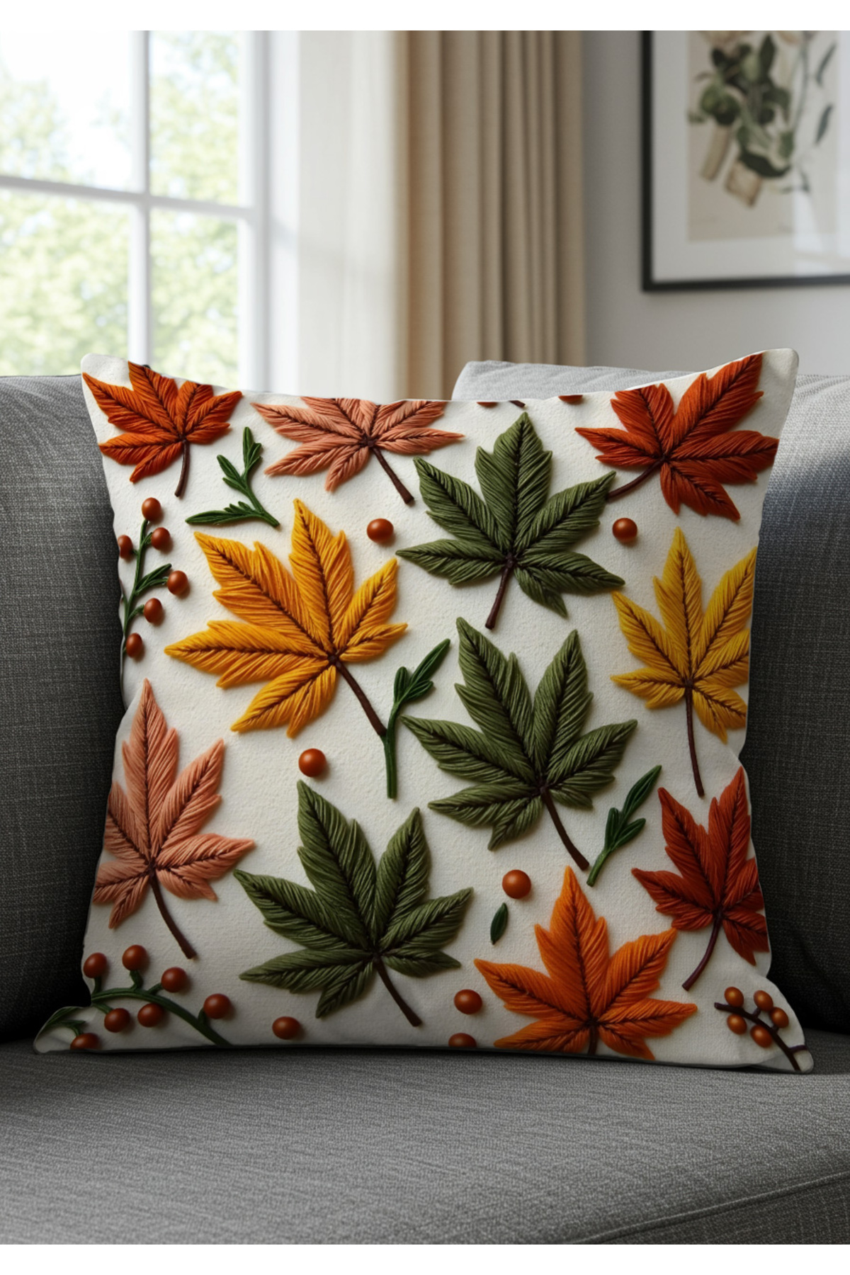 Sakallı Punch Nakış Desen Dijital Baskılı Sonbahar Temalı Turuncu Sarı Re