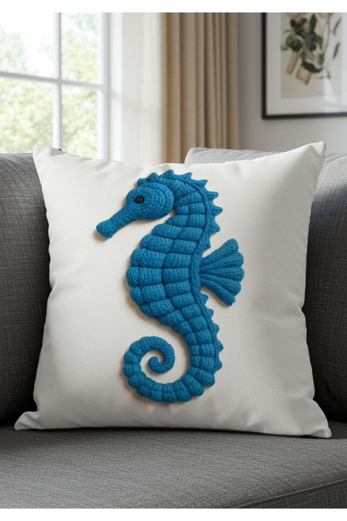 Sakallı Punch Nakış Desen Dijital Baskılı Marin Mavi Deniz Atı Ve Deniz Y