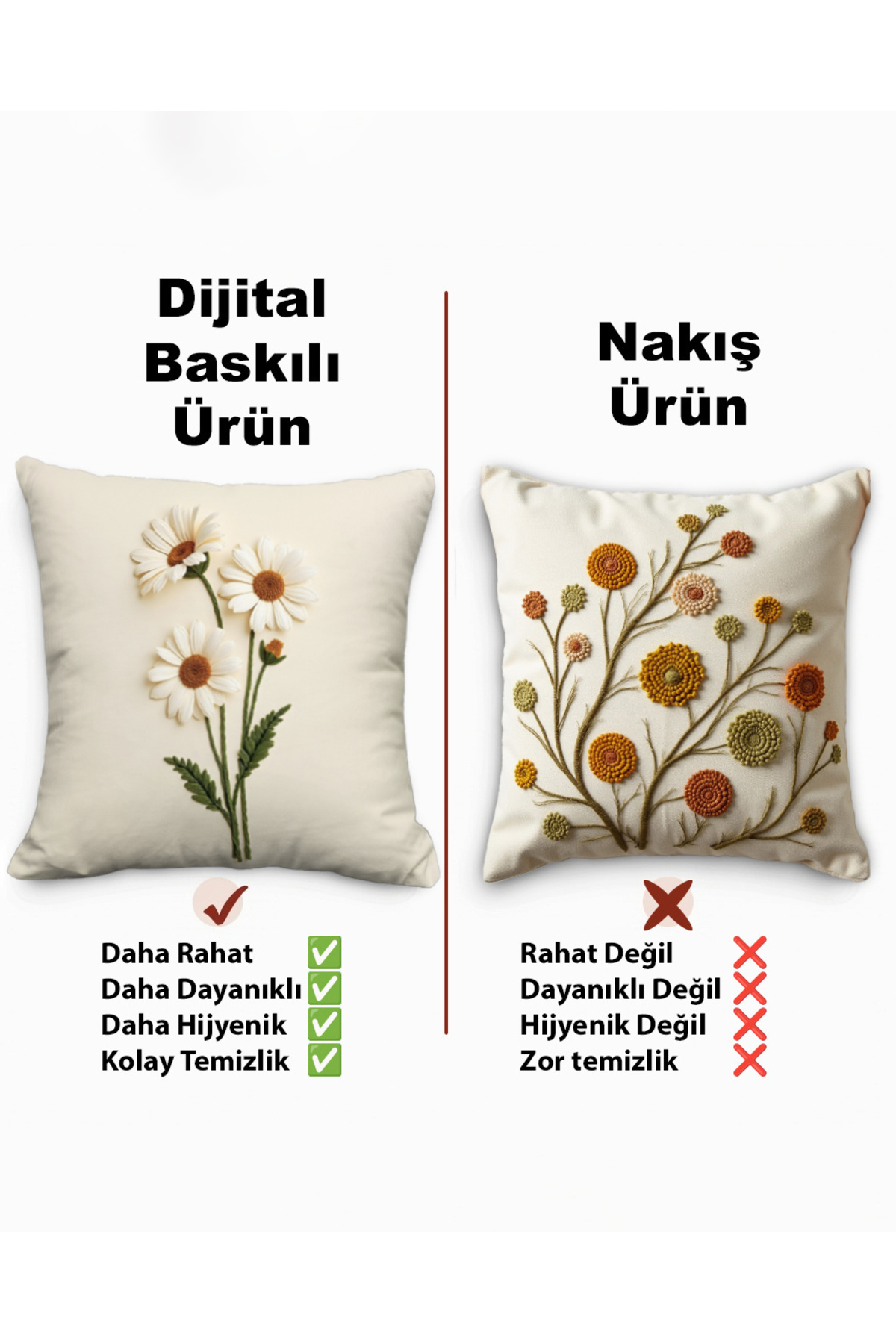 Diğer Markalar Punch Nakış Desen Dijital Baskılı Krem Zemin Beyaz Papatya Desenl