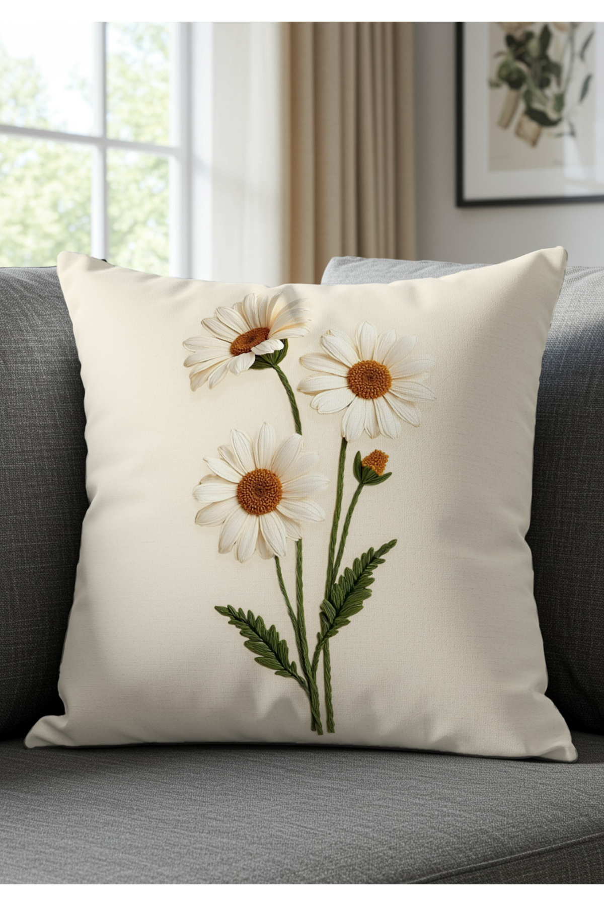 Diğer Markalar Punch Nakış Desen Dijital Baskılı Krem Zemin Beyaz Papatya Desenl