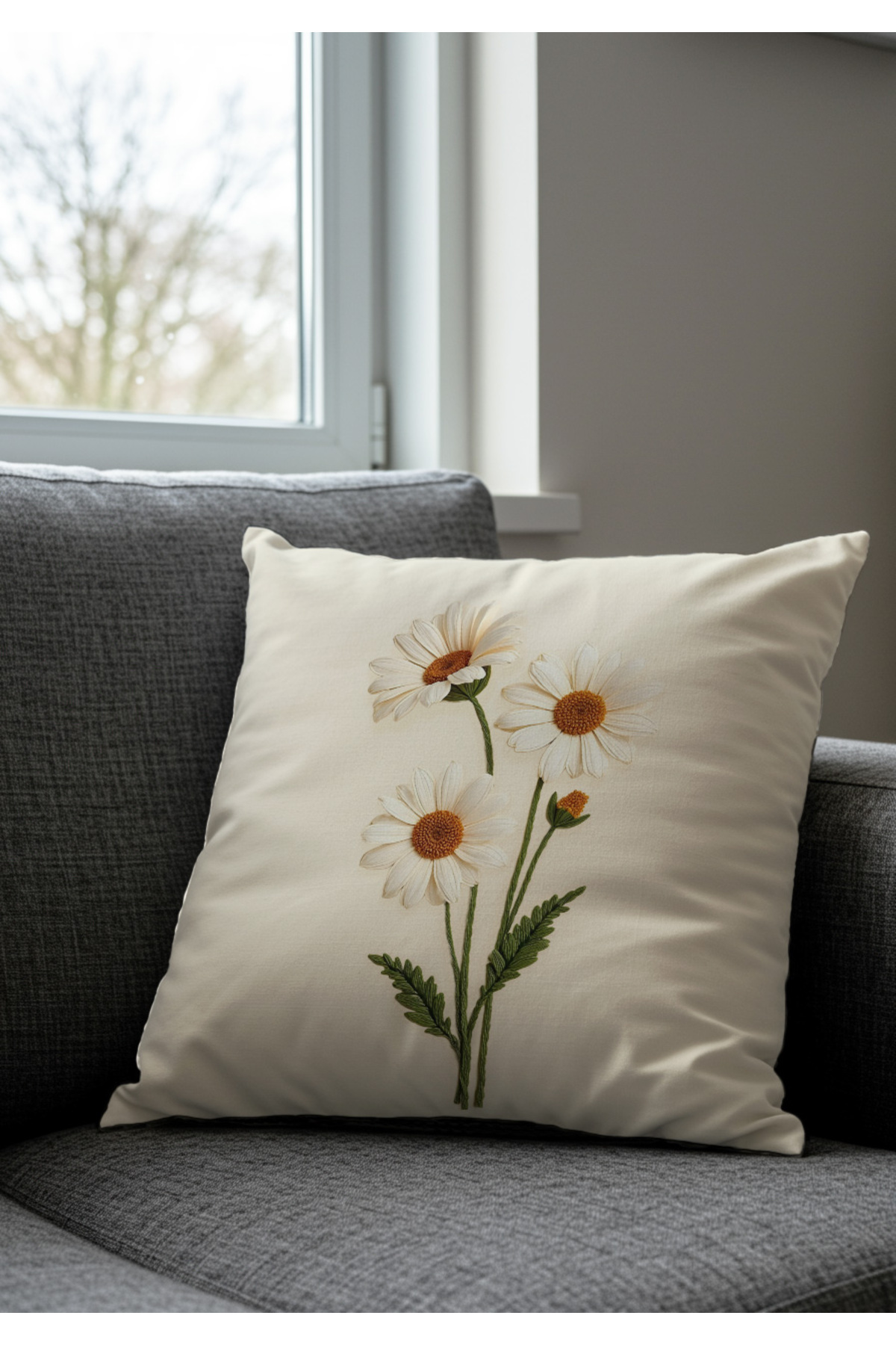 Diğer Markalar Punch Nakış Desen Dijital Baskılı Krem Zemin Beyaz Papatya Desenl