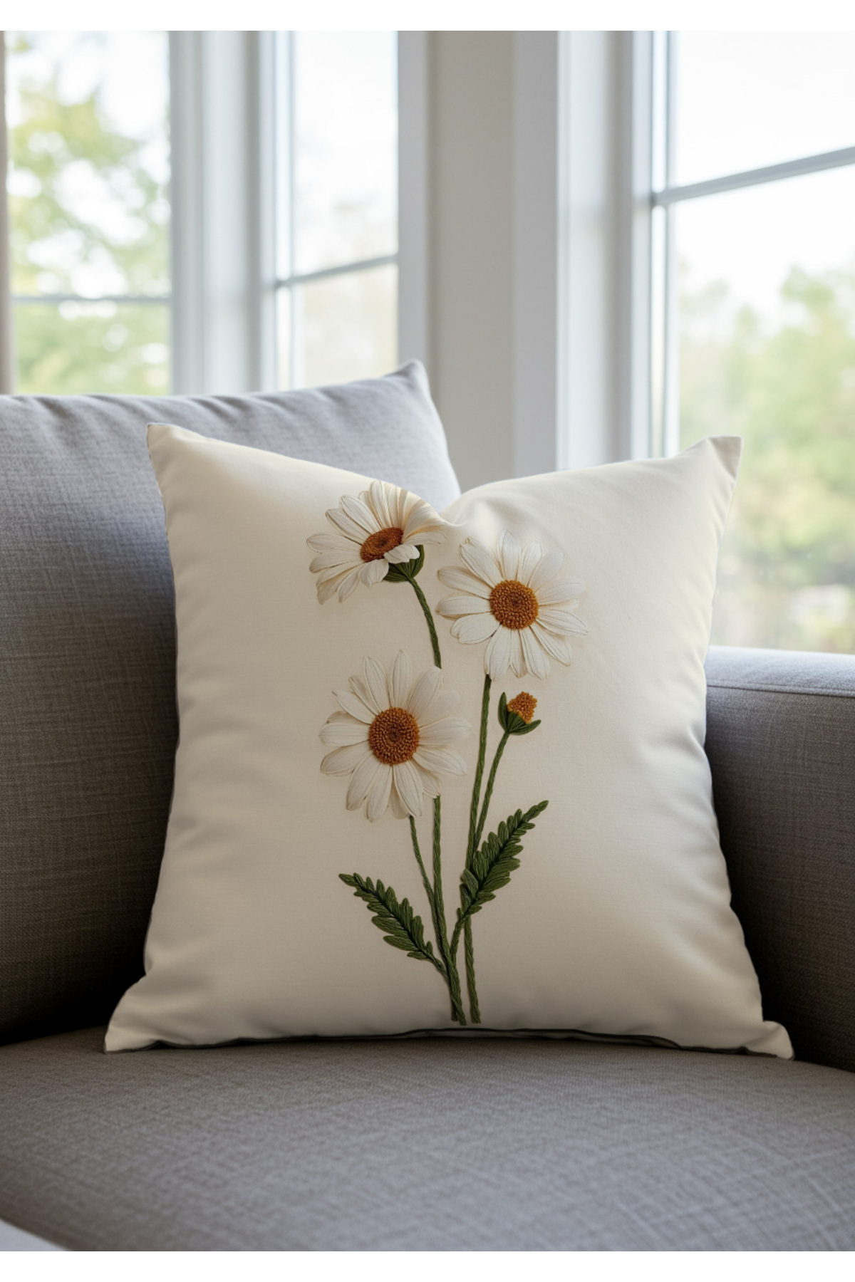 Diğer Markalar Punch Nakış Desen Dijital Baskılı Krem Zemin Beyaz Papatya Desenl