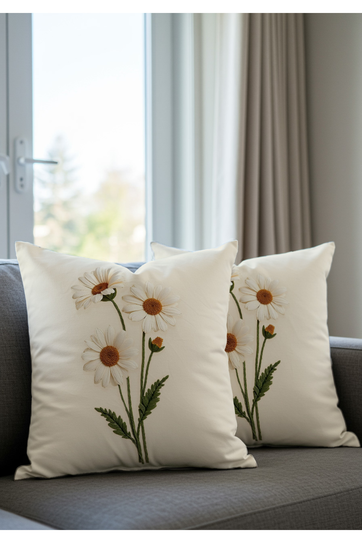 Diğer Markalar Punch Nakış Desen Dijital Baskılı Krem Zemin Beyaz Papatya Desenl