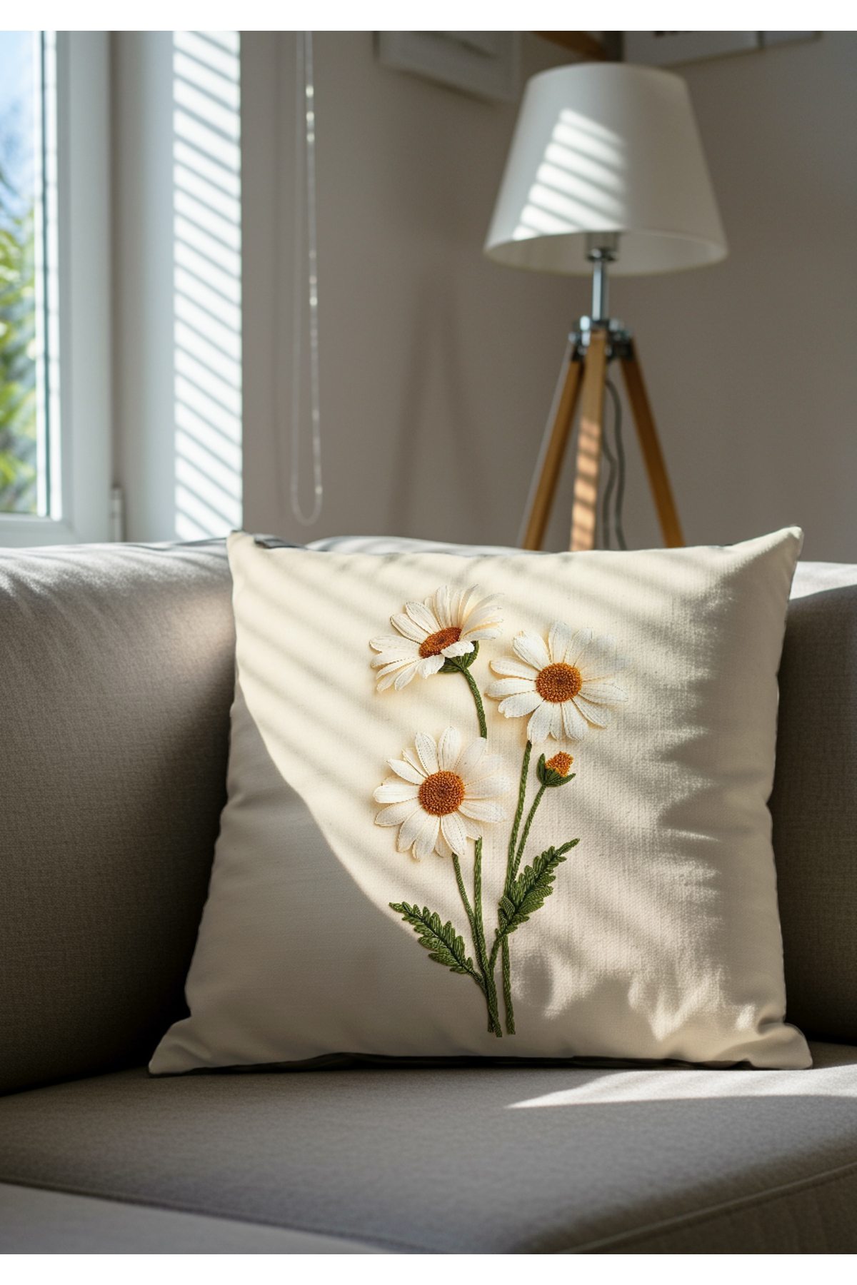 Diğer Markalar Punch Nakış Desen Dijital Baskılı Krem Zemin Beyaz Papatya Desenl