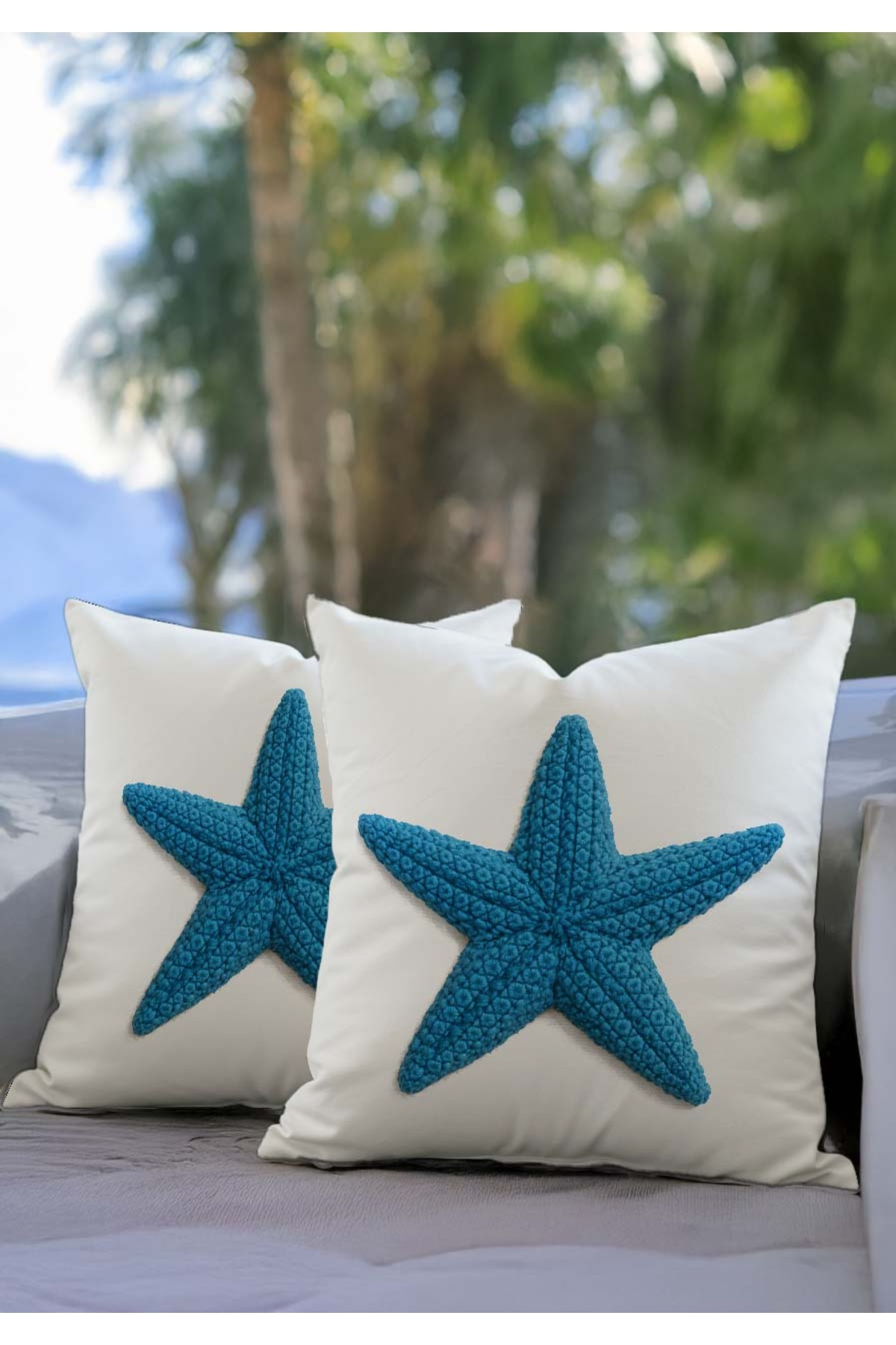 Sakallı Punch Nakış Desen Dijital Baskılı Marin Mavi Deniz Yıldızı 2Li Kı