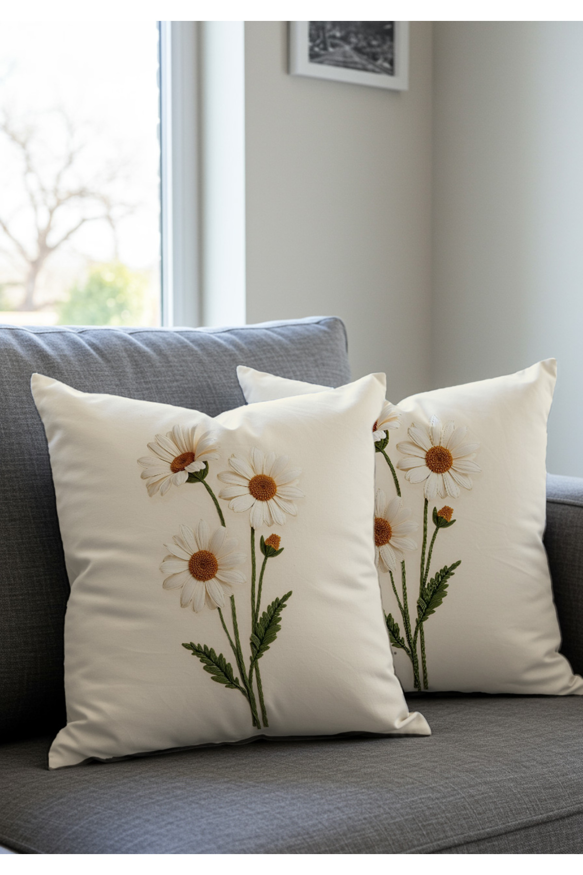 Diğer Markalar Punch Nakış Desen Dijital Baskılı Krem Zemin Beyaz Papatya Desenl