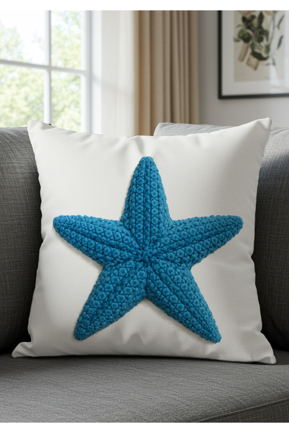 Sakallı Punch Nakış Desen Dijital Baskılı Marin Mavi Deniz Atı Ve Deniz Y