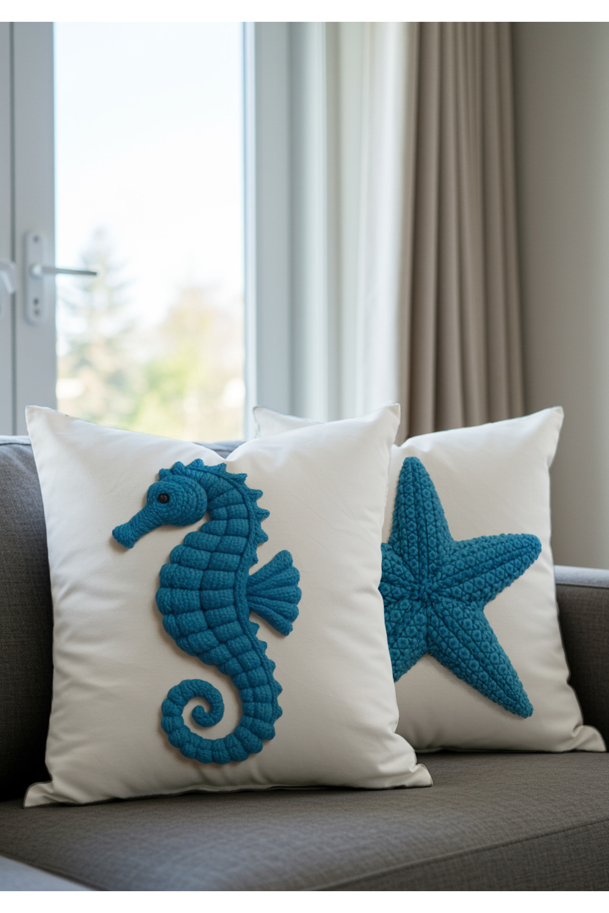 Sakallı Punch Nakış Desen Dijital Baskılı Marin Mavi Deniz Atı Ve Deniz Y