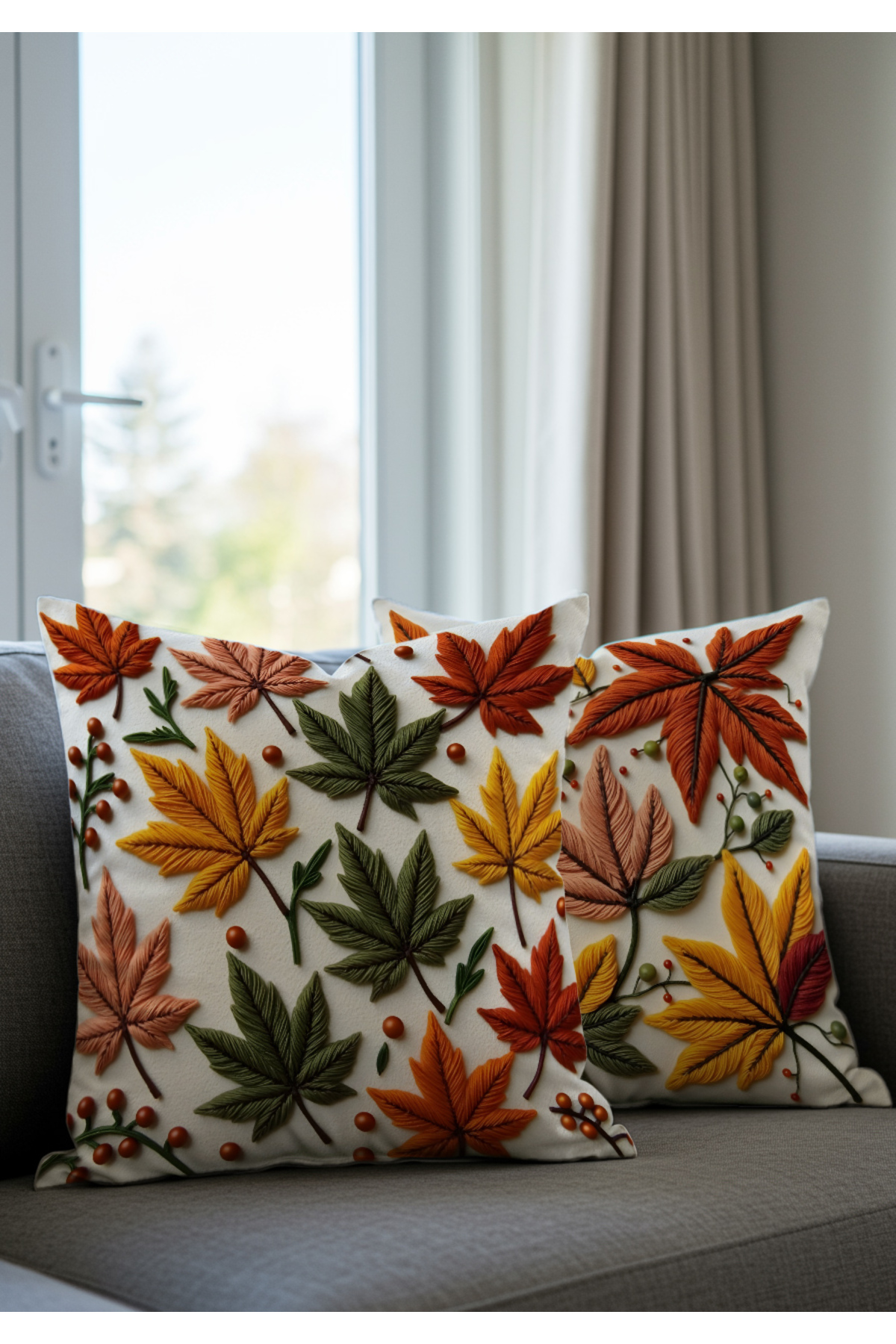 Sakallı Punch Nakış Desen Dijital Baskılı Sonbahar Temalı Turuncu Sarı Re