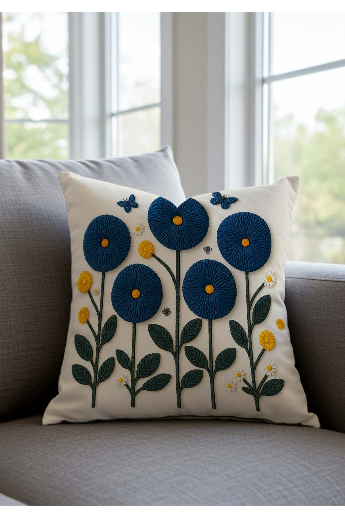 Punch Nakış Görünümlü Dijital Baskılı Lacivert Renkli Yaz Temalı