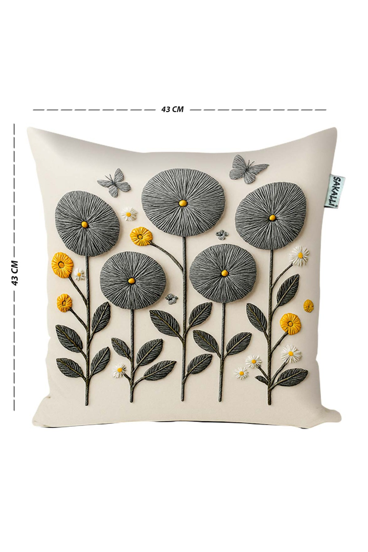 Sakallı Punch Nakış Görünümlü Dijital Baskılı Gri Renkli Yaz Temalı Çiçek