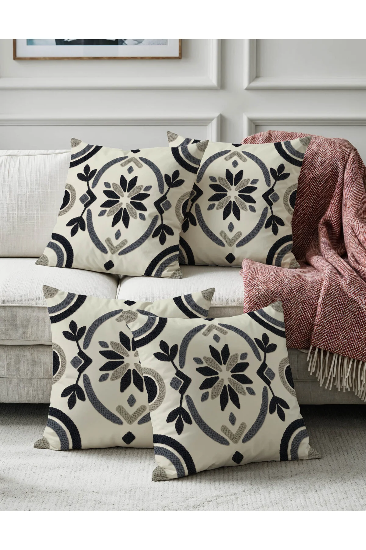 Punch Nakış Görünümlü Dijital Baskılı Modern Geometrik Desen Gri 