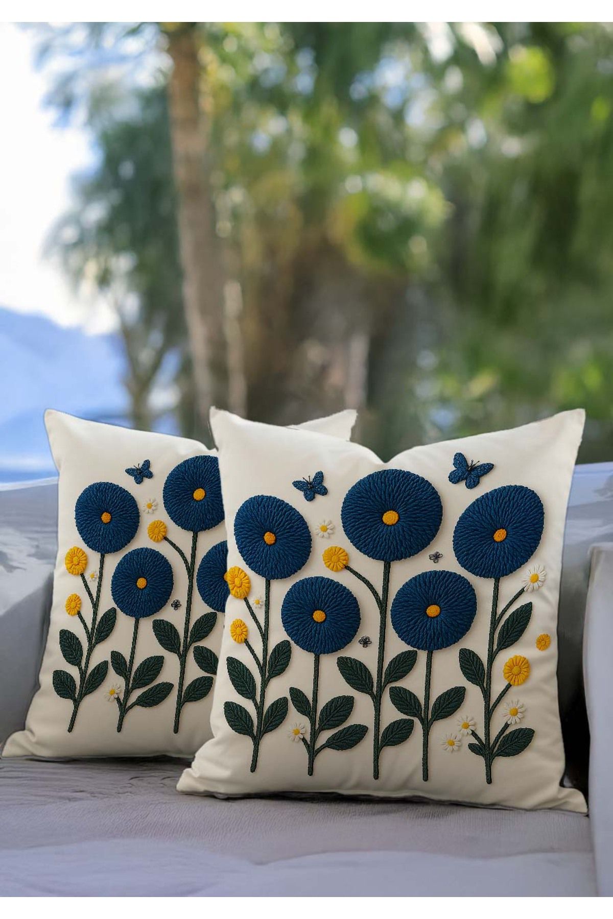 Punch Nakış Görünümlü Dijital Baskılı Lacivert Renkli Yaz Temalı