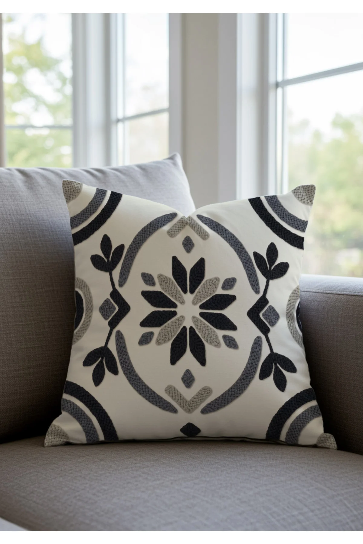 Punch Nakış Görünümlü Dijital Baskılı Modern Geometrik Desen Gri 