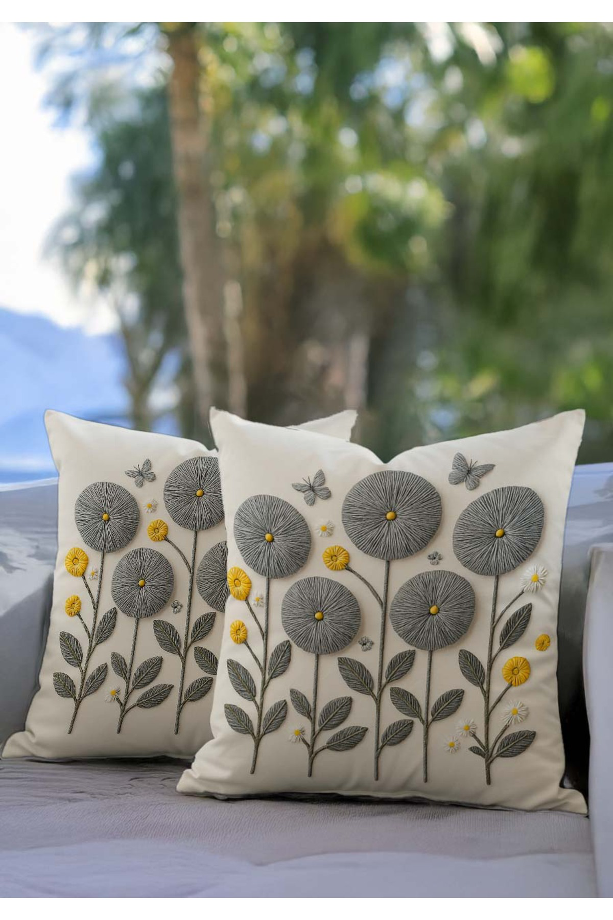 Sakallı Punch Nakış Görünümlü Dijital Baskılı Gri Renkli Yaz Temalı Çiçek