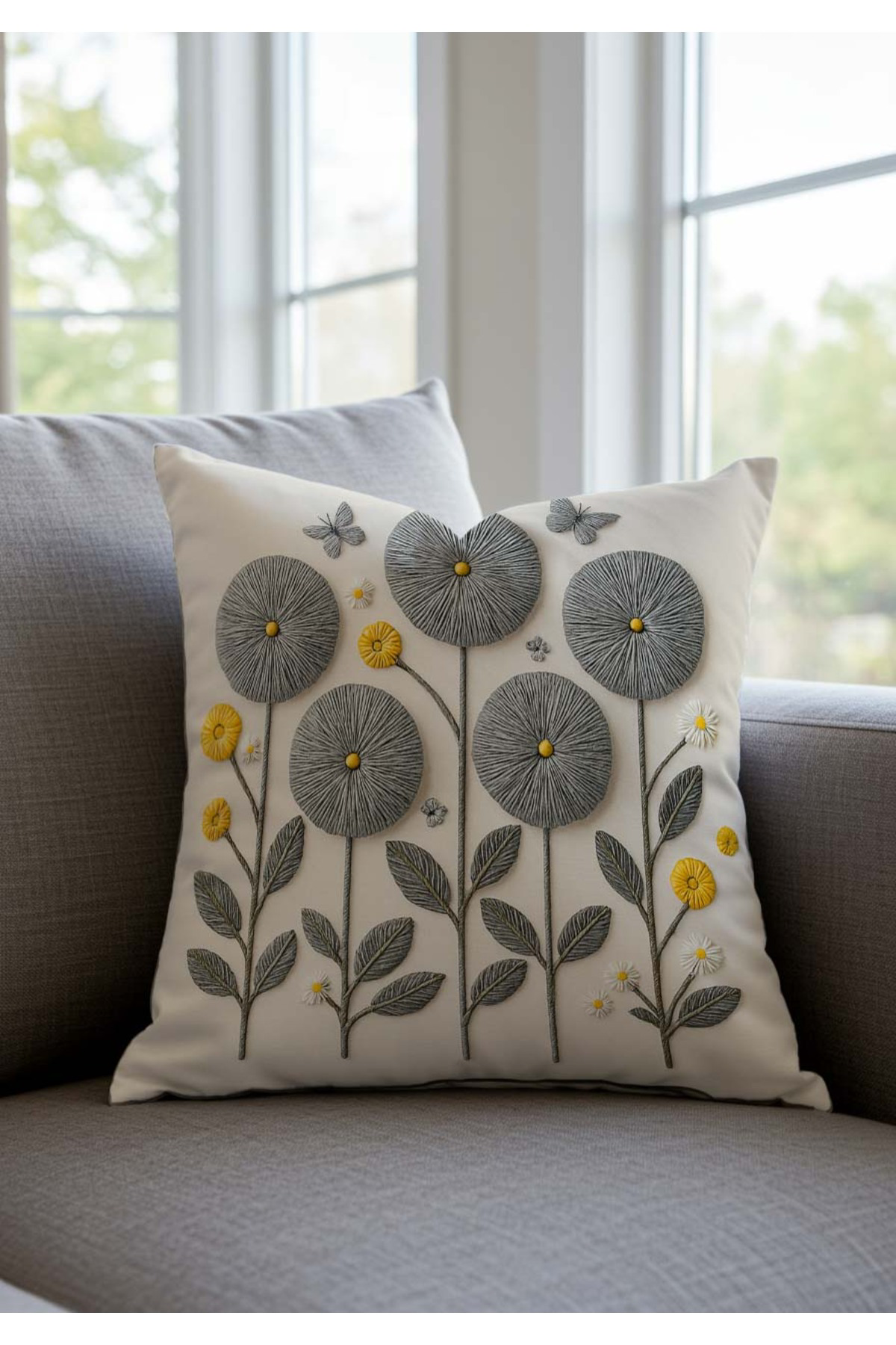 Sakallı Punch Nakış Görünümlü Dijital Baskılı Gri Renkli Yaz Temalı Çiçek