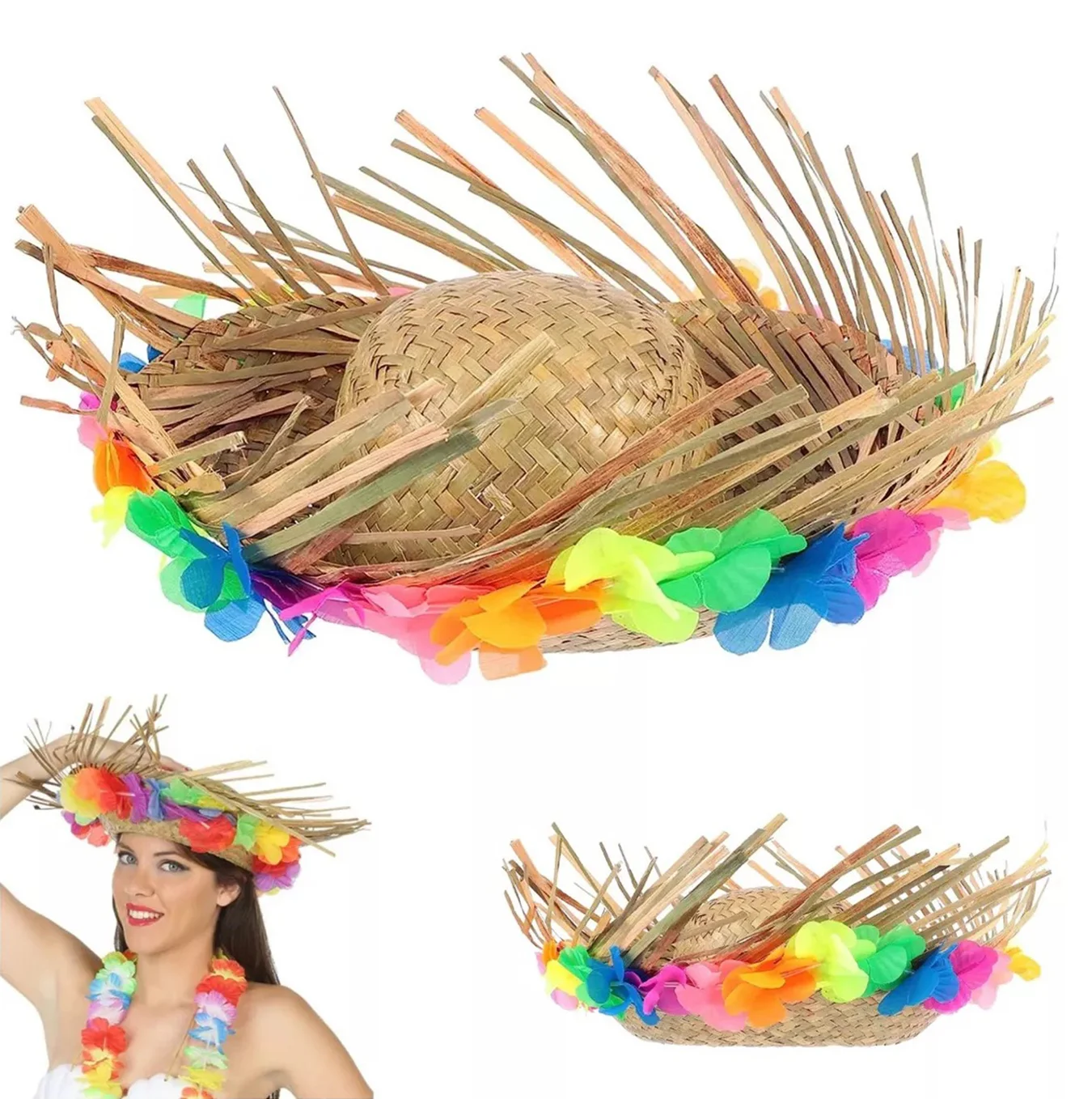 Püsküllü Örme Hasır Hawaii Şapka – Doğal Yaz Aksesuarı 13x36 cm