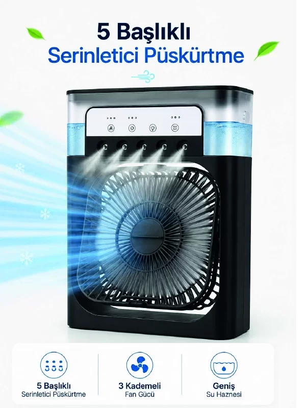 Püskürtmeli Masaüstü Fan 5 Sis Çıkışı 600ml Su Haznesi 3 Hızlı Ayar ve 7 Renk Işık