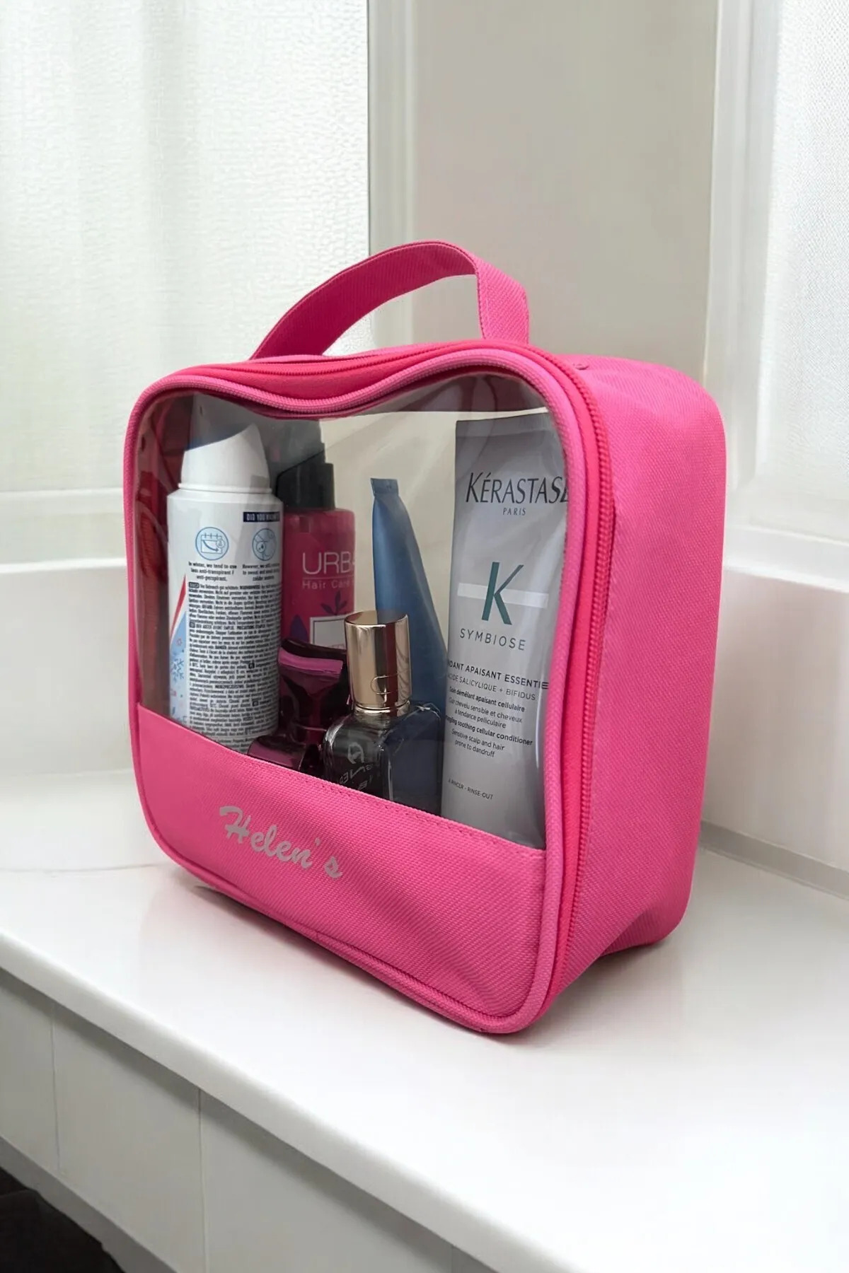 Pazar Kapısı Pvc Şeffaf Seyahat Makyaj Kozmetik Çantası Pembe