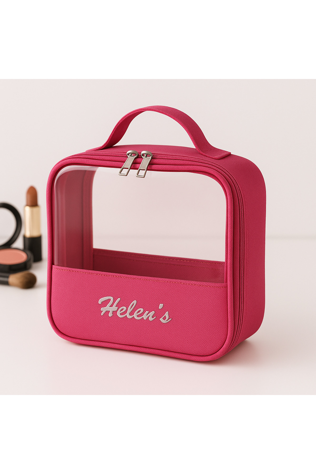 Pazar Kapısı Pvc Şeffaf Seyahat Makyaj Kozmetik Çantası Pembe