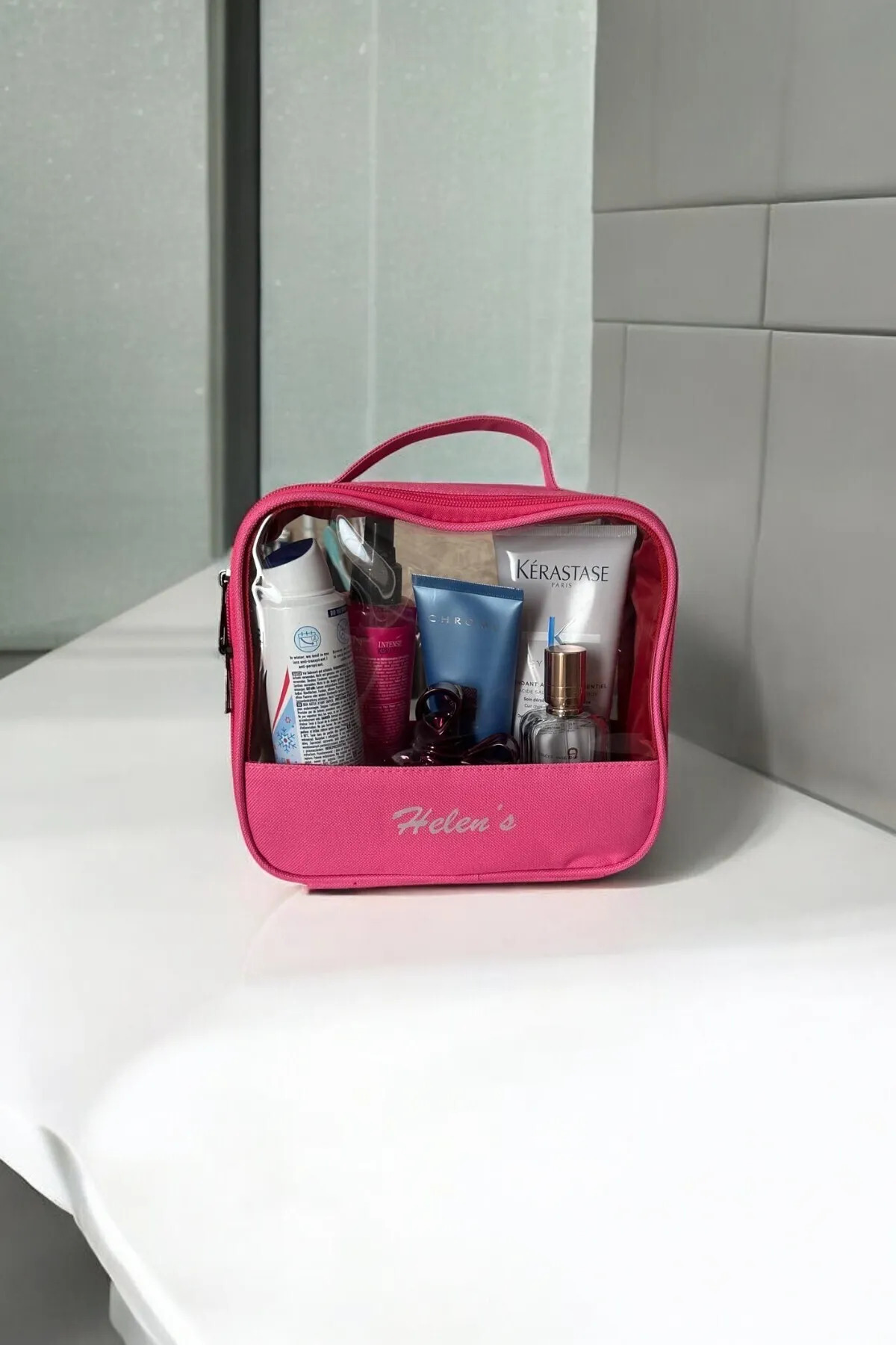 Pazar Kapısı Pvc Şeffaf Seyahat Makyaj Kozmetik Çantası Pembe