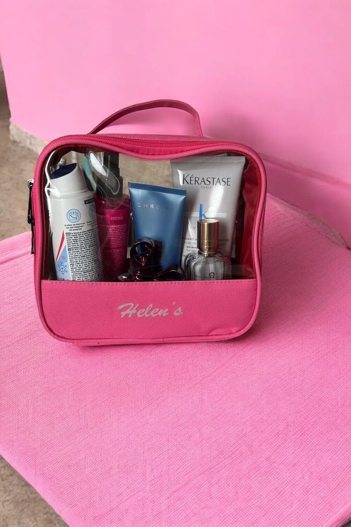 Pazar Kapısı Pvc Şeffaf Seyahat Makyaj Kozmetik Çantası Pembe