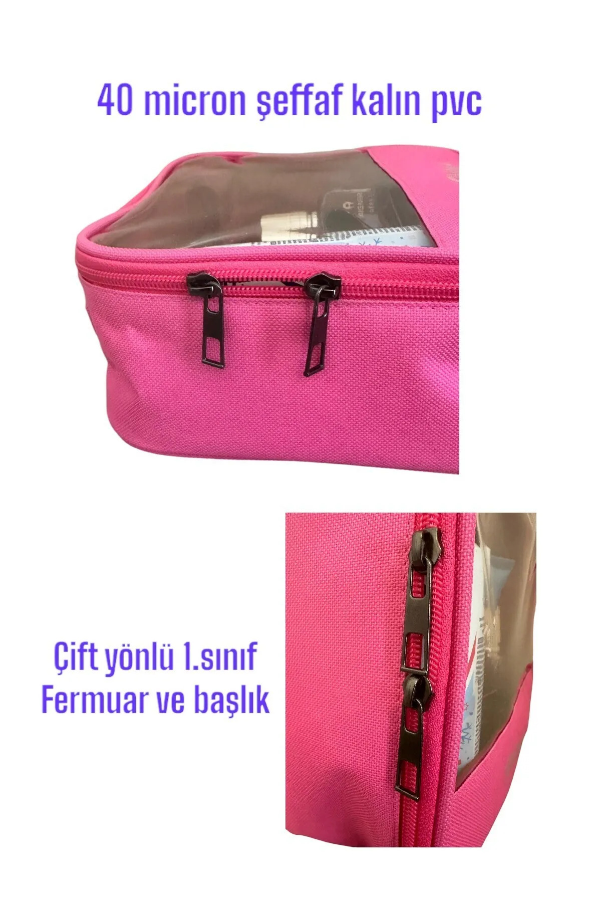 Pazar Kapısı Pvc Şeffaf Seyahat Makyaj Kozmetik Çantası Pembe