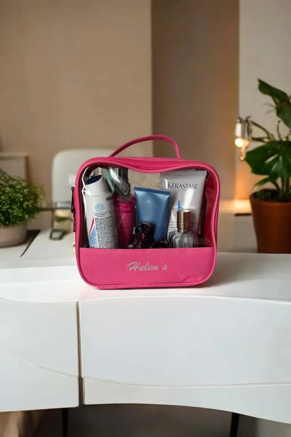 PVC Şeffaf Seyahat Makyaj Kozmetik Çantası Pembe