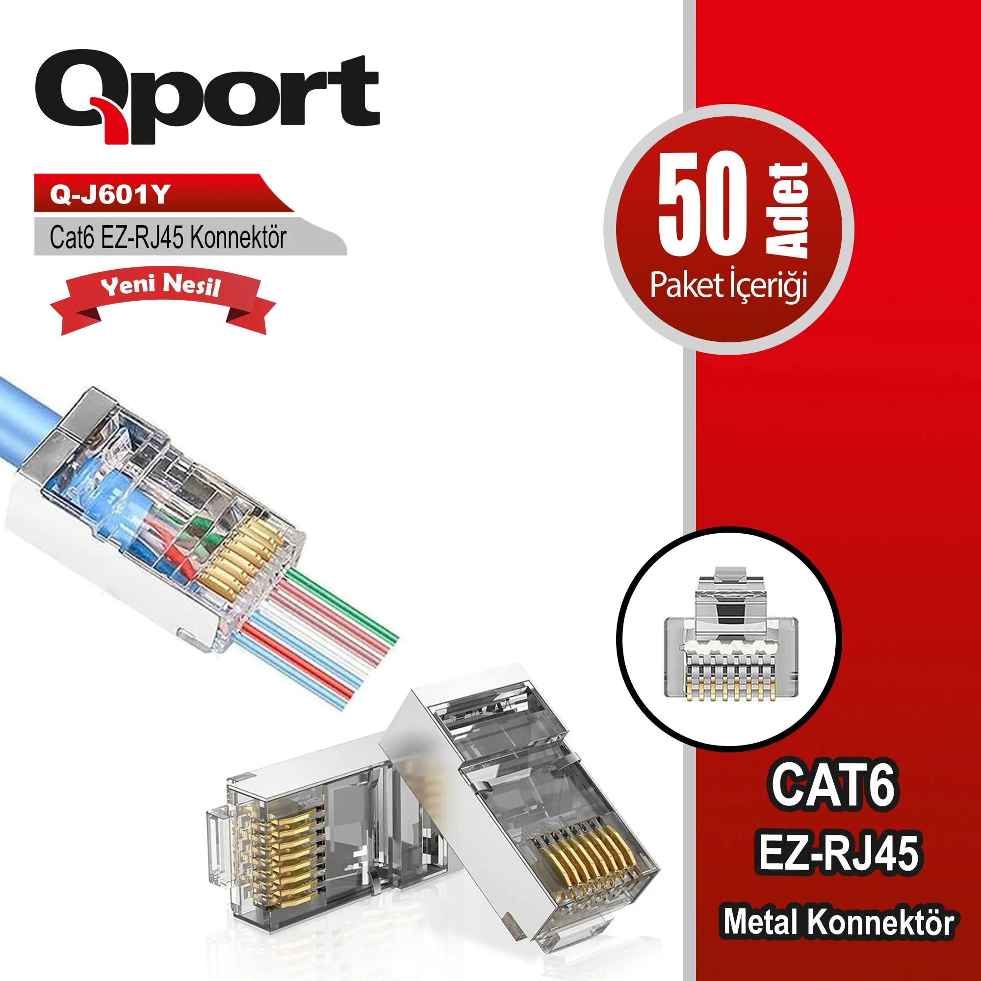 Q-J601Y CAT6 (50'Lik) EZ-RJ45 Metal Yeni Nesil Delikli Konnektör Q-J601Y CAT6 (50'Lik) EZ-RJ45 Metal Yeni Nesil Delikli Konnektör