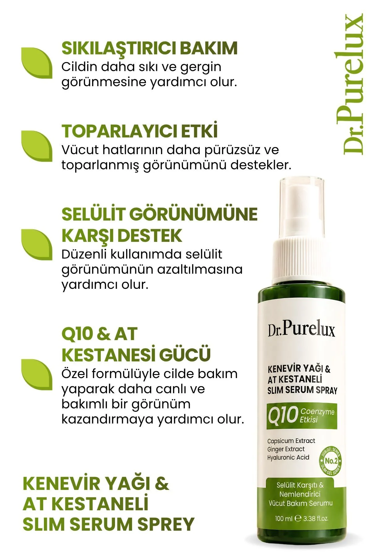 Q10 Coenzyme & At Kestanesi Etkili , Sıkılaştırıcı, Toparlayıcı & Selülit Vücut Bakım Serum Sprey 100ml