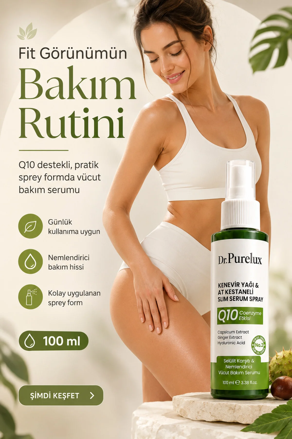 Q10 Coenzyme & At Kestanesi Etkili , Sıkılaştırıcı, Toparlayıcı & Selülit Vücut Bakım Serum Sprey 100ml
