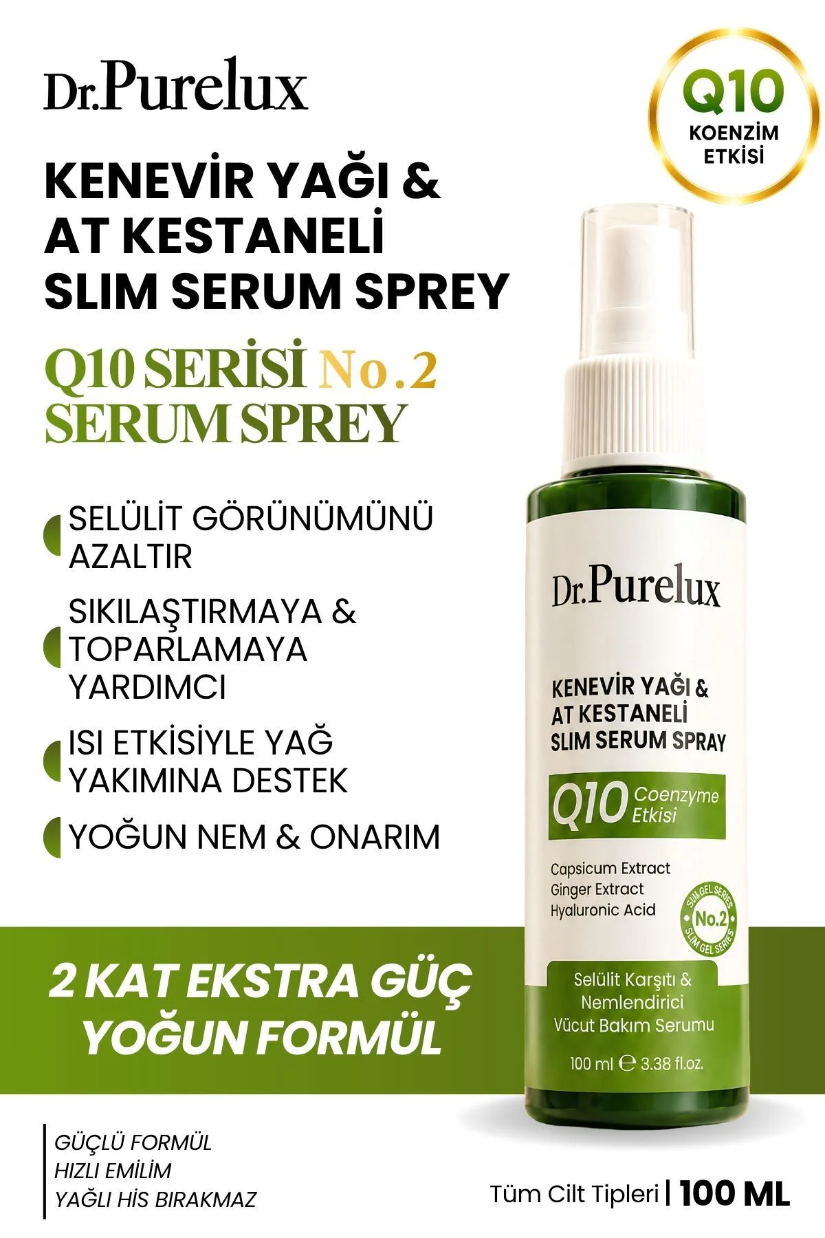 Q10 Coenzyme & At Kestanesi Etkili , Sıkılaştırıcı, Toparlayıcı & Selülit Vücut Bakım Serum Sprey 100ml