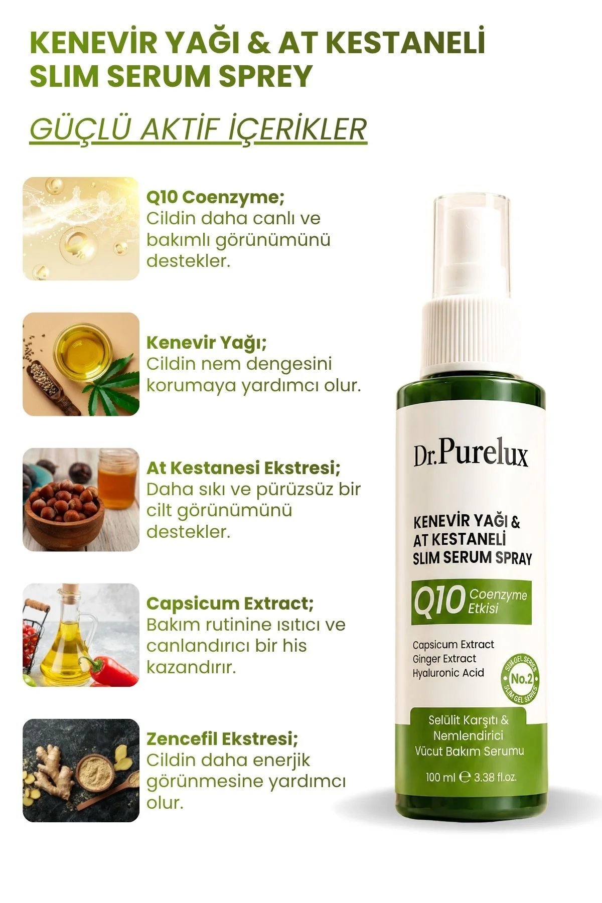 Q10 Coenzyme & At Kestanesi Etkili , Sıkılaştırıcı, Toparlayıcı & Selülit Vücut Bakım Serum Sprey 100ml
