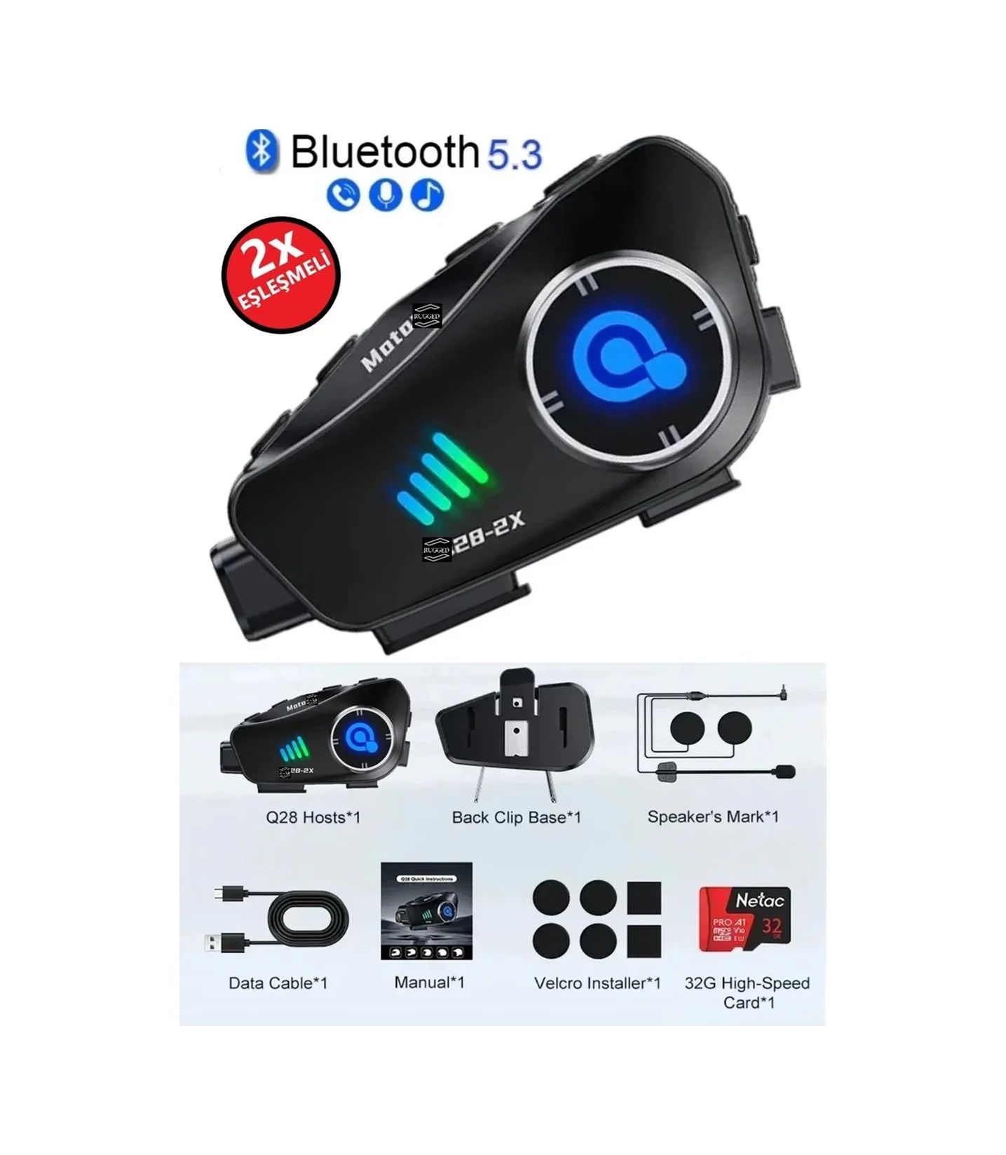 Q28 2x 2 Eşleşmeli Motosiklet Kask Bluetooth Kulaklık 1080p Kamer