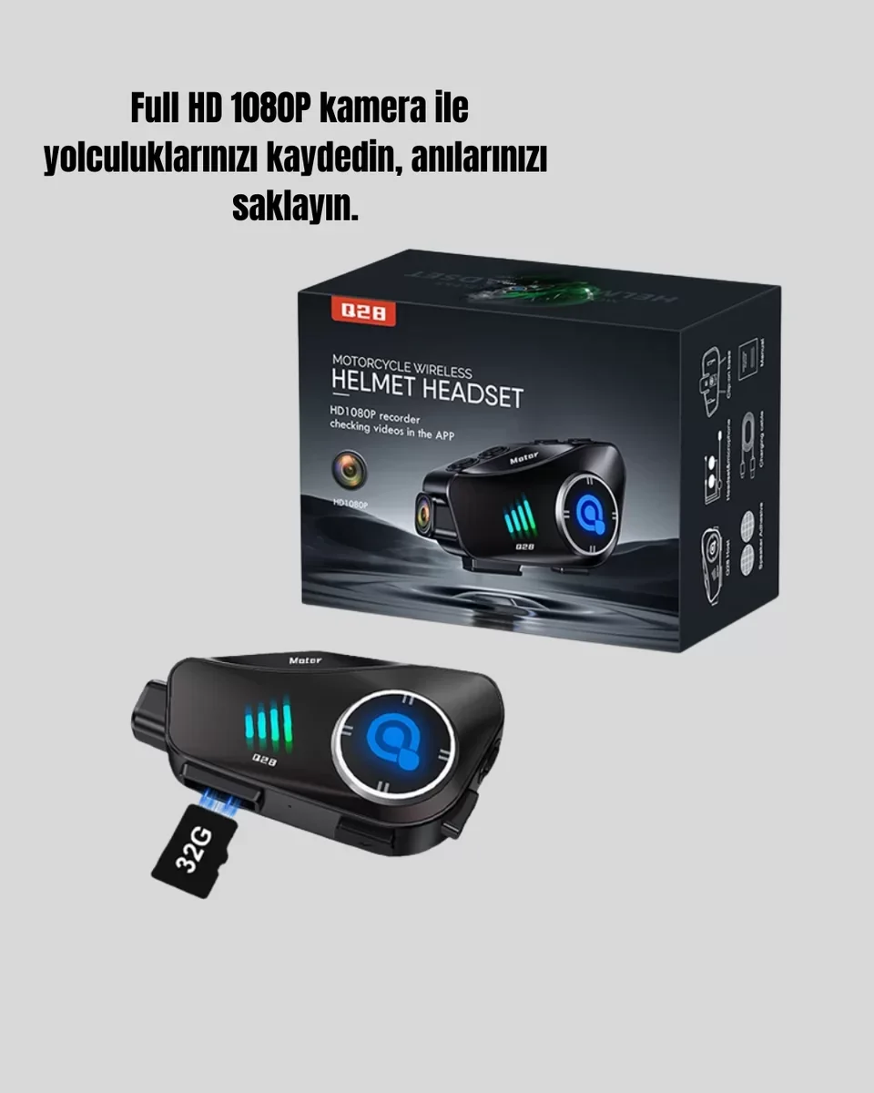 Q28 Kameralı Motosiklet Kask Kulaklığı - Bluetooth 5.3 Su Geçirmez 1080P HD Kamera