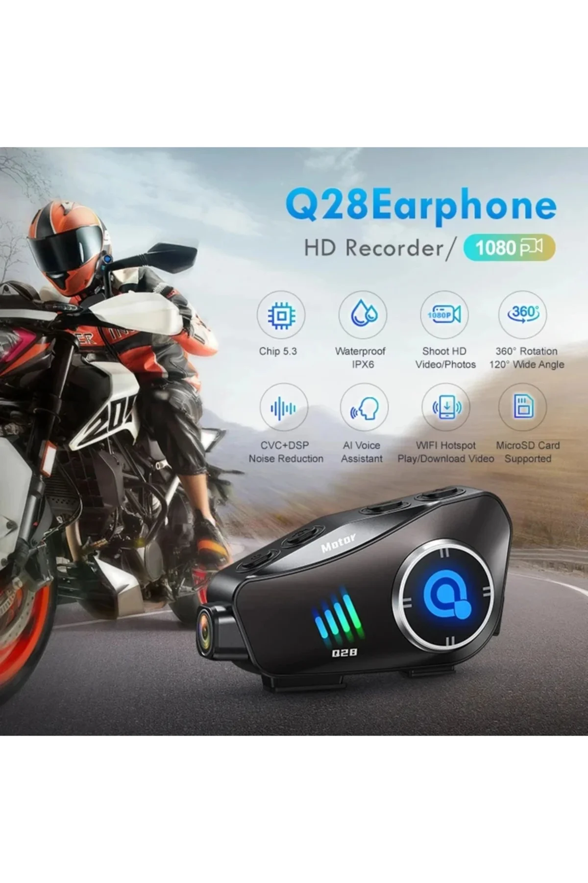 Q28 Motosiklet Kask Bluetooth Kulaklık 1080P Kamera Interkom Kula