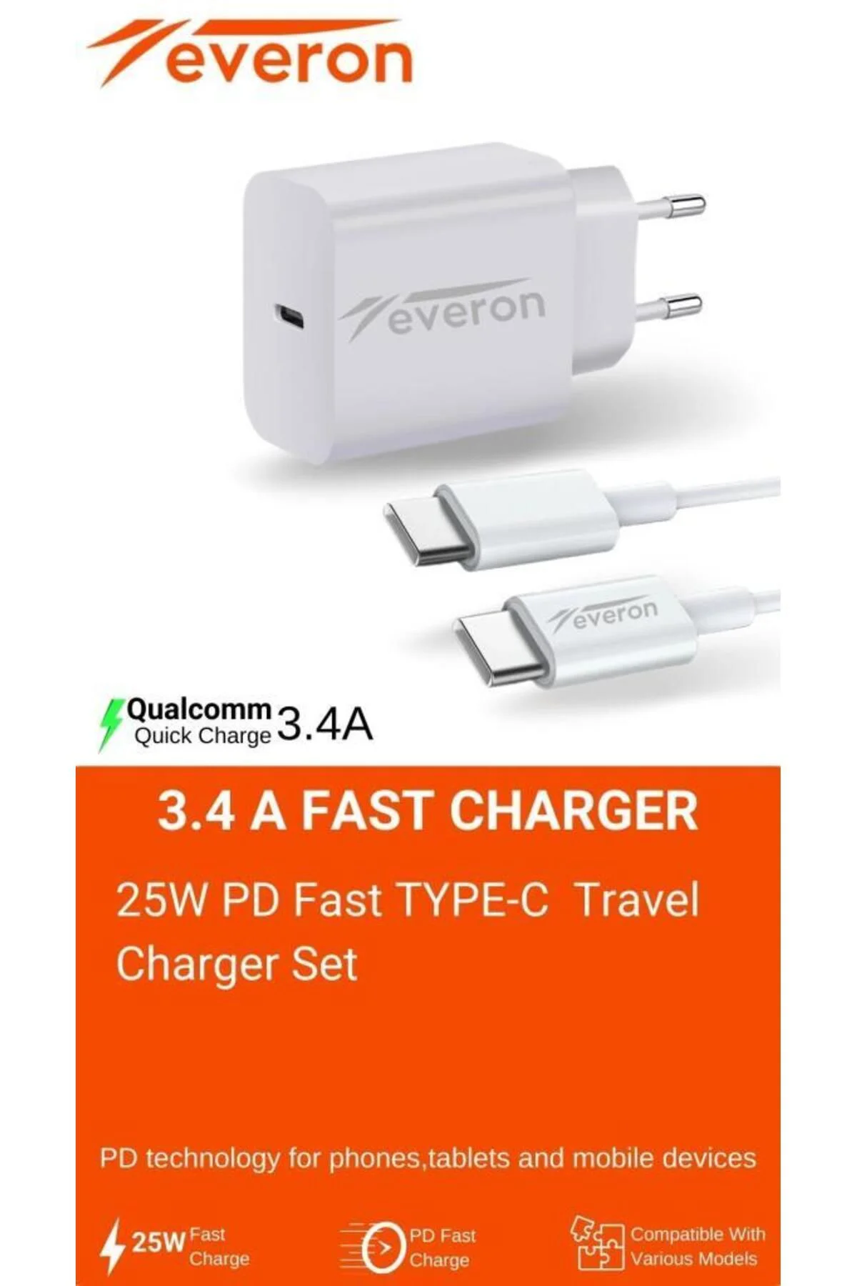 Q.c 3.4 Amper 25w Type To Type C Şarj Aleti Evr-002