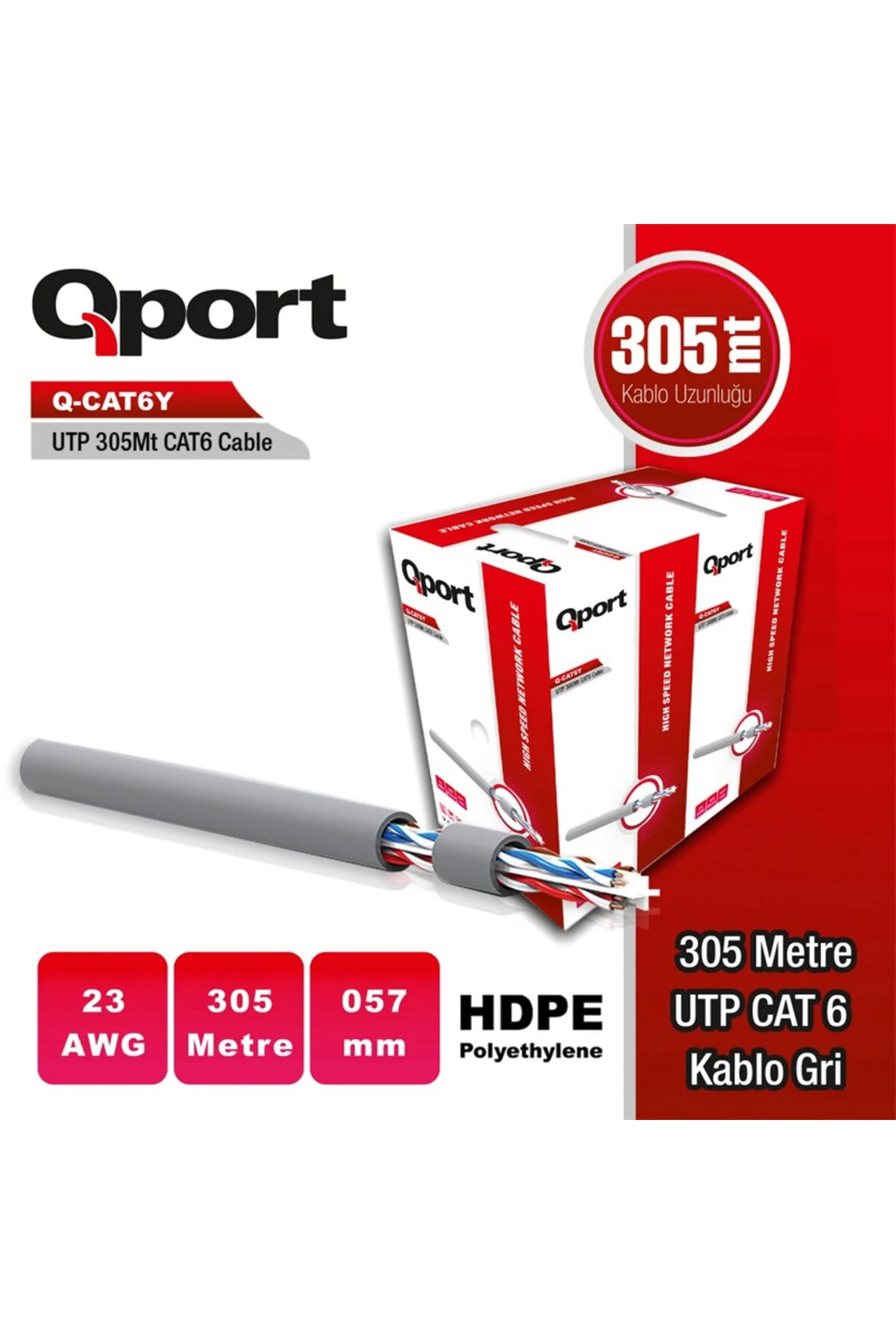 Qport Q-Cat6Y 305M Utp 0,57Mm Cat6 23 Awg Gri Kablo