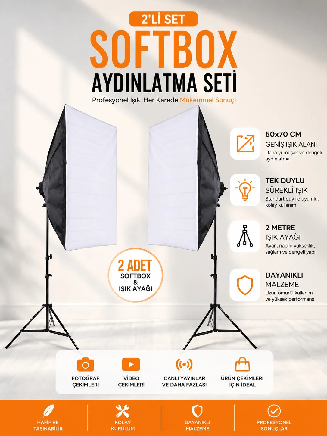 Rabsev 2'li Softbox Aydınlatma Seti 50x70 cm 2 Metre Işık Ayağı F
