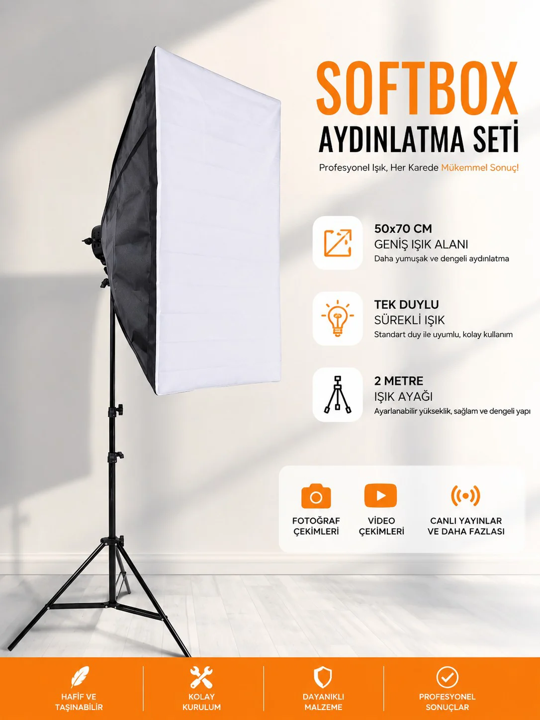 Rabsev Softbox Aydınlatma Seti 50x70 cm 2 Metre Işık Ayağı Fotoğr
