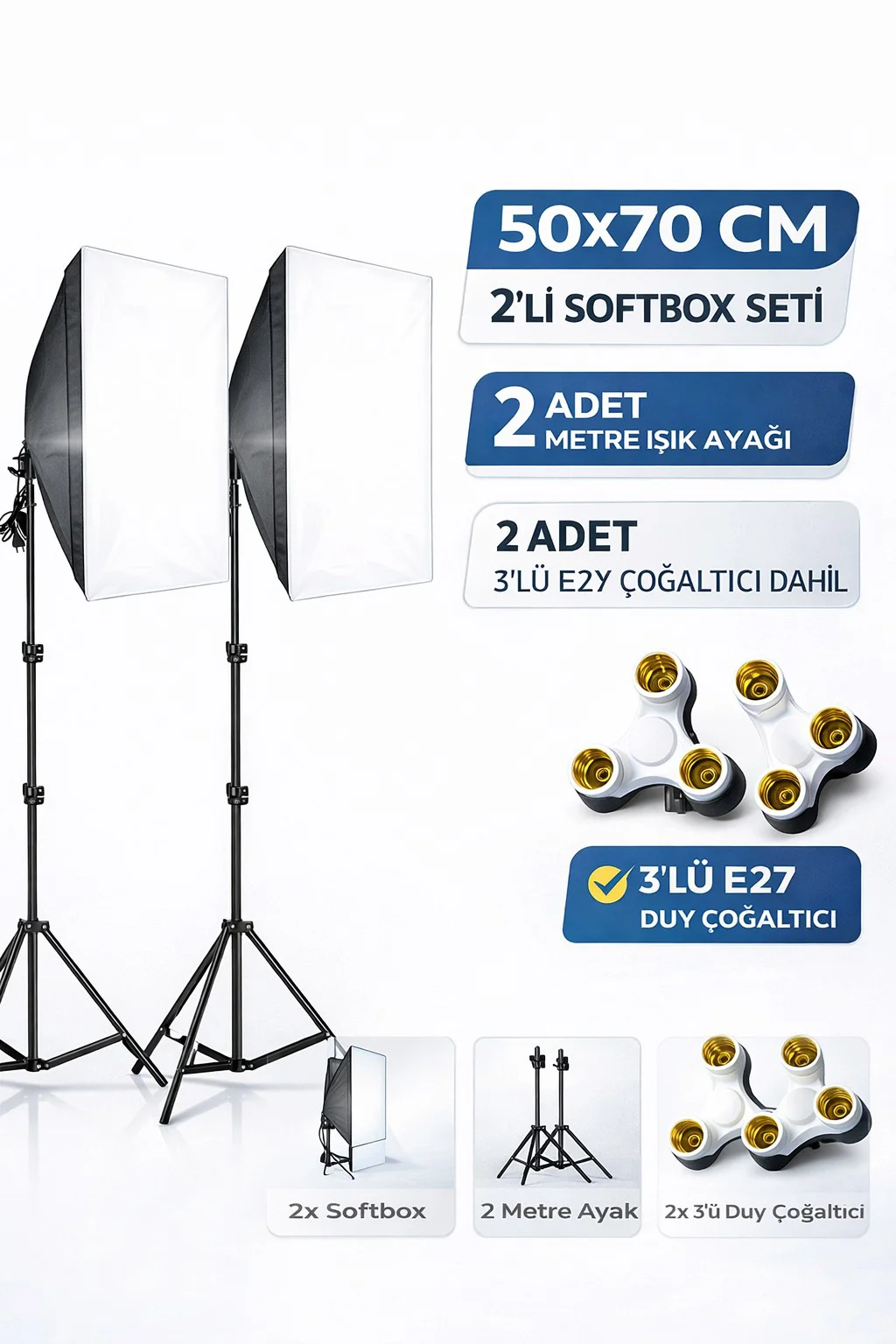 Rabsev Softbox İkili Set 50x70Cm Sürekli Işık Seti 2 Metre Ayaklı
