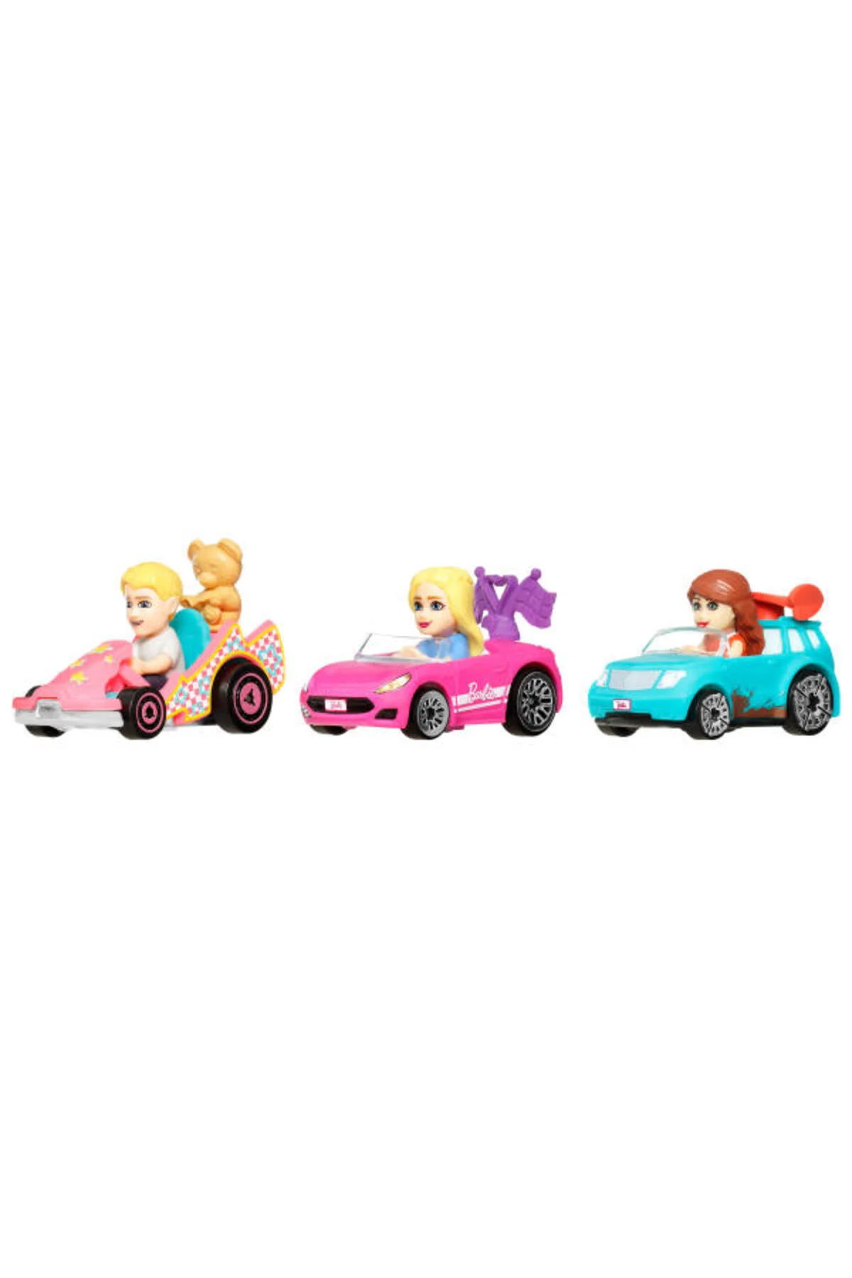 RacerVerse Barbie 3'lü paket, sabit figürlerin bulunduğu 3'lü metal oyuncak araba seti JDG48