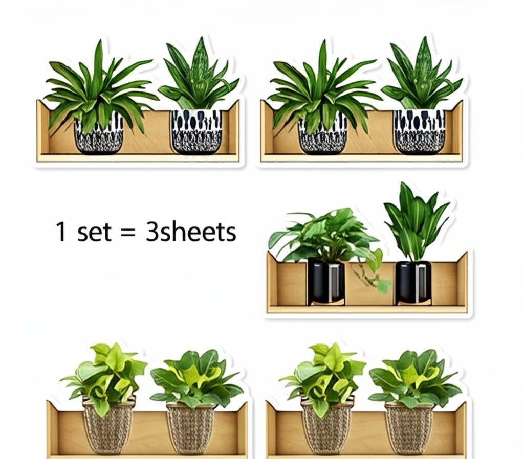Raflı Bitki Tasarımlı Yapışkanlı Sticker 20*30 cm 3lü Set