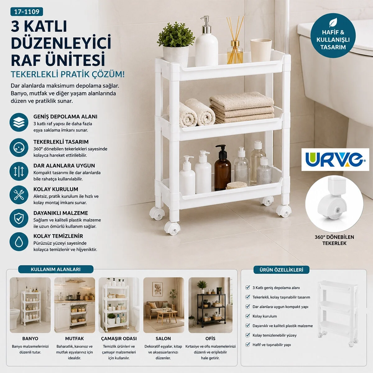 Rafty 3 Katlı Tekerlekli Sepet Organizer Düzenleyici Raf Ünitesi 465x145x480mm Bx40 Fiyatı, Yorumları ve Özellikleri