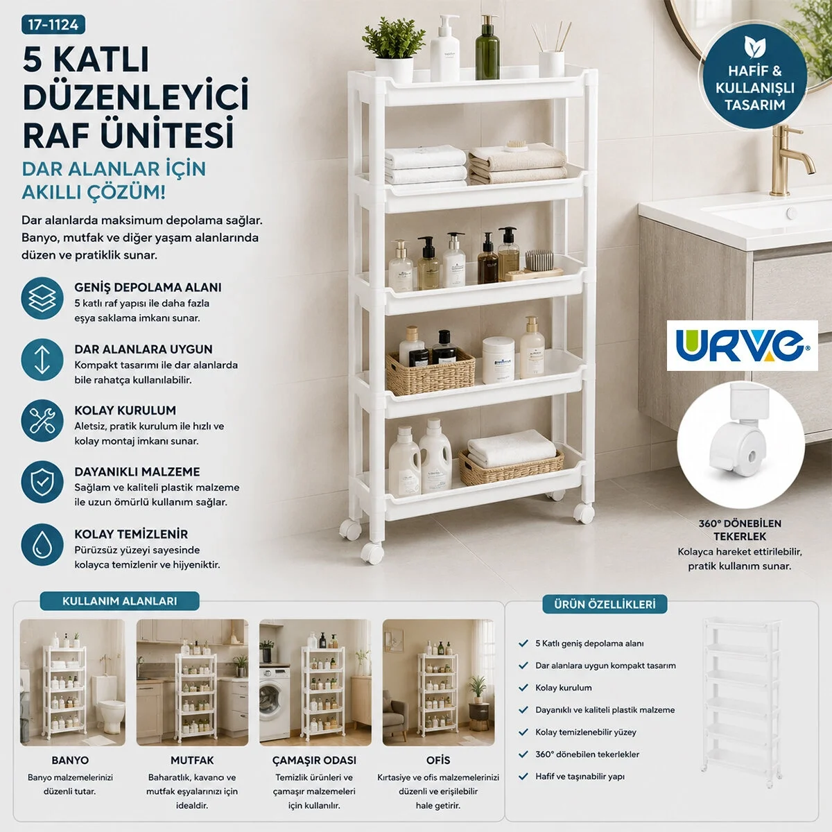 Rafty 5 Katlı Tekerlekli Sepet Organizer Düzenleyici Raf Ünitesi 465x145x850mm Bx40 Fiyatı, Yorumları ve Özellikleri
