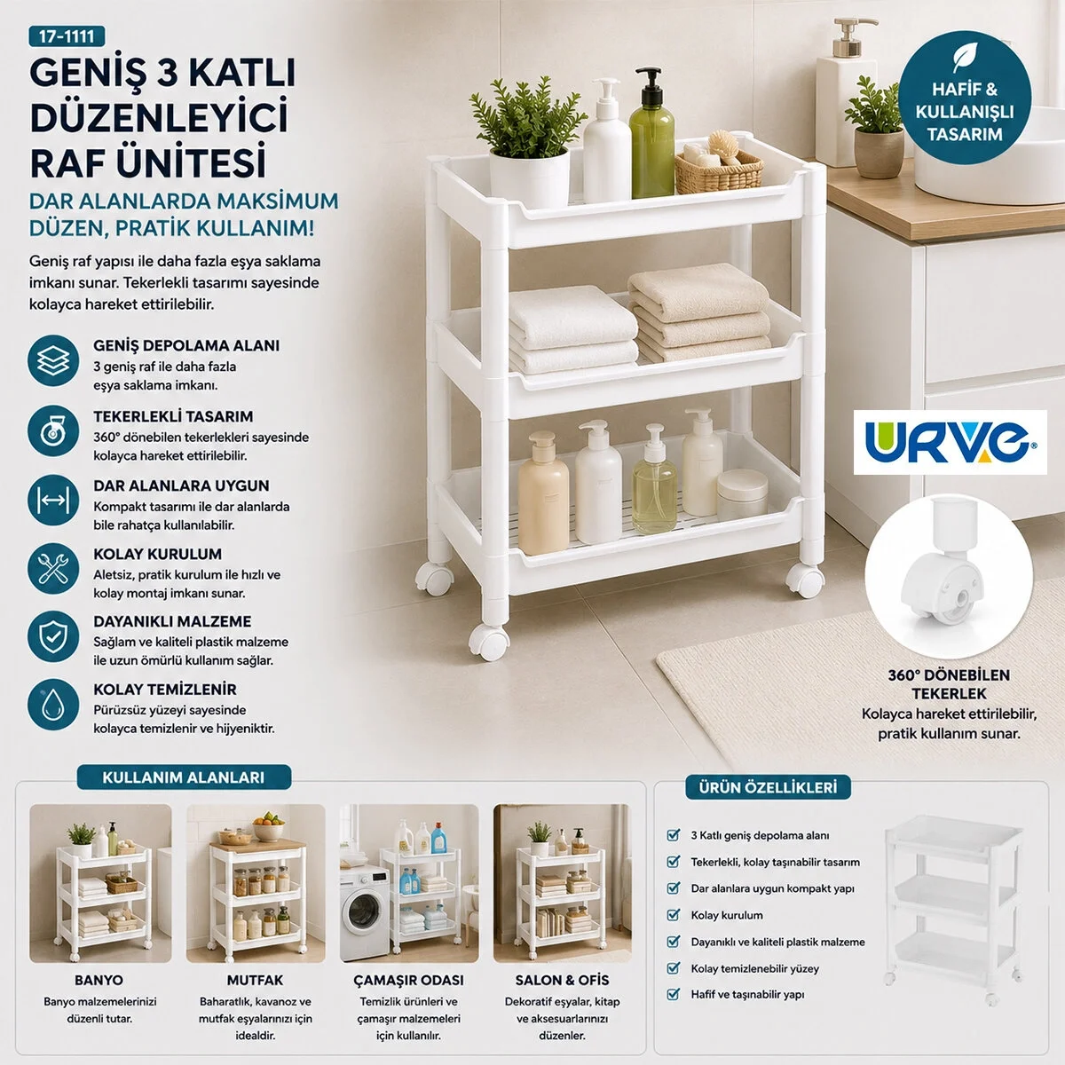 Rafty Geniş 3 Katlı Tekerlekli Sepet Organizer Düzenleyici Raf Ünitesi 352x220x480mm Bx40 Fiyatı, Yorumları ve Özellikleri